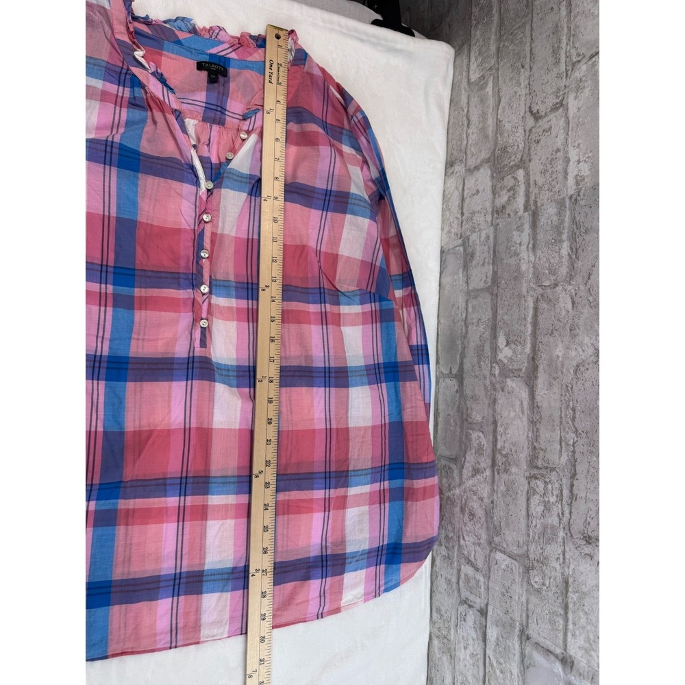 Talbots Popover‎ Top Blouse Pink Plaid Ruffle Henley V-neck Long Sleeve Size 2X - Picture 7 of 9